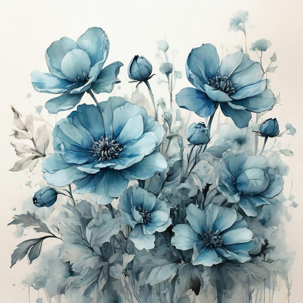 Gemälde von blauen Blumen in einer Vase 2