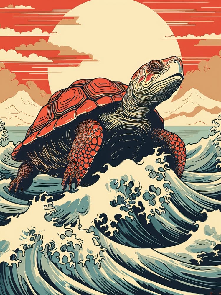 Turtle Animal Drawing In The Style Of Ukiyo E 1