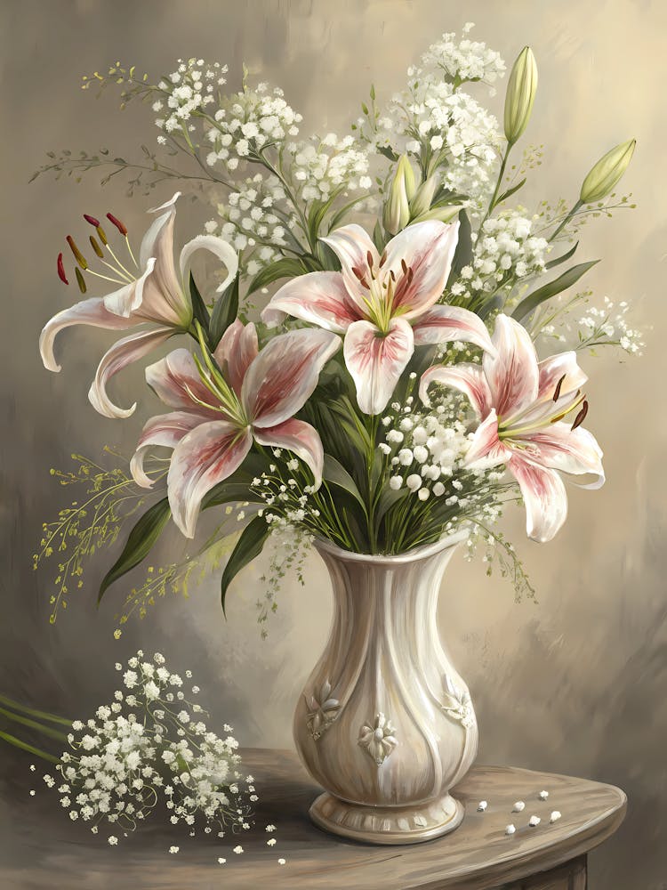 Oil Painting Style Elegant Lily & Baby's Breath Bouquet Classic Floral Still Life