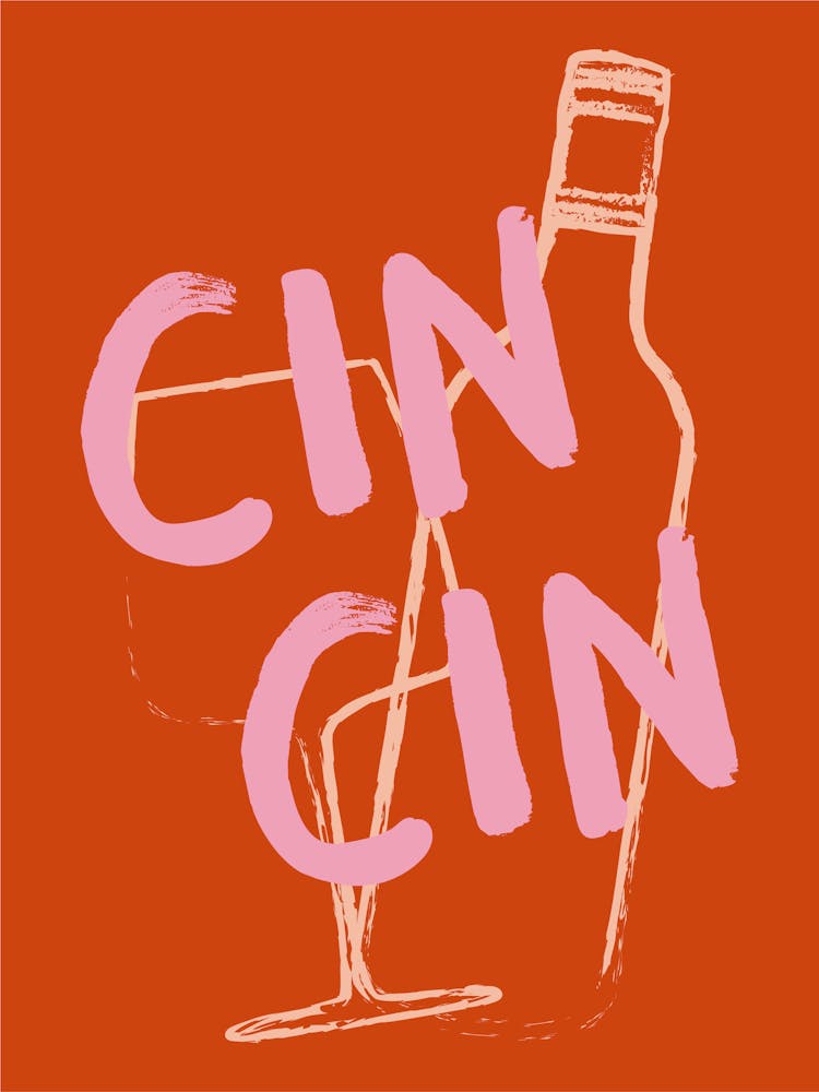 Red and Pink Cin Cin Hand Drawn Illustrated Kitchen Bar Cart Art