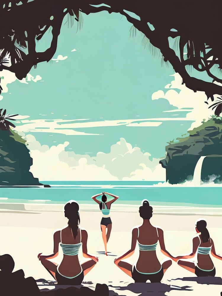 Morning Yoga In Bali - Retro Landscape Beach and Coastal Theme Travel Poster