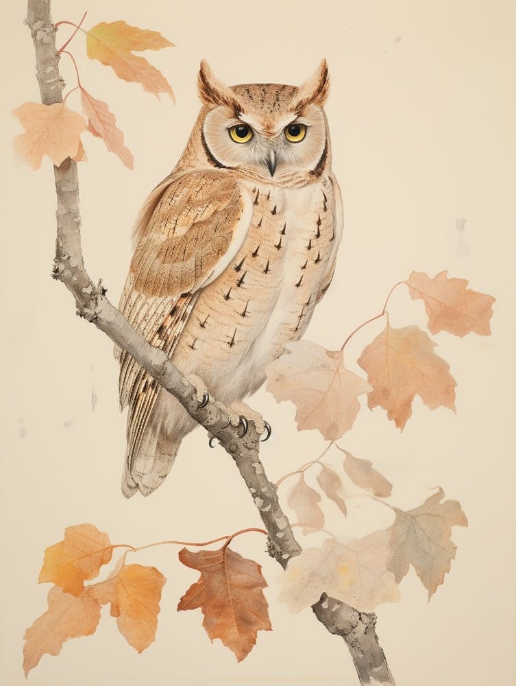 Vintage Bird Drawing Eastern Screech Owl 2