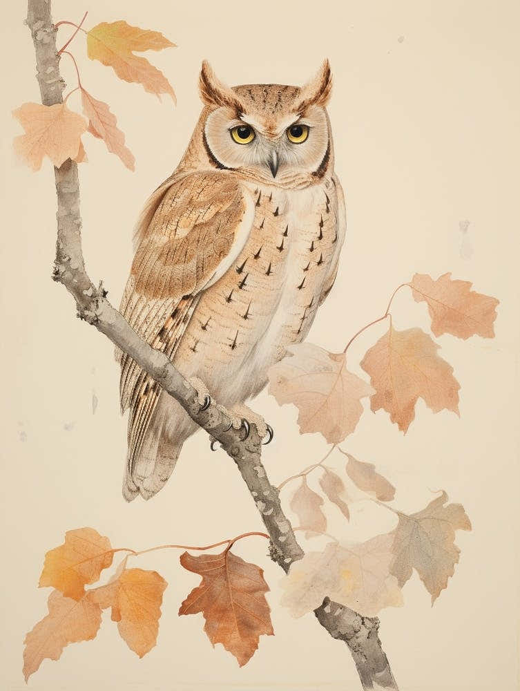 Vintage Bird Drawing Eastern Screech Owl 2