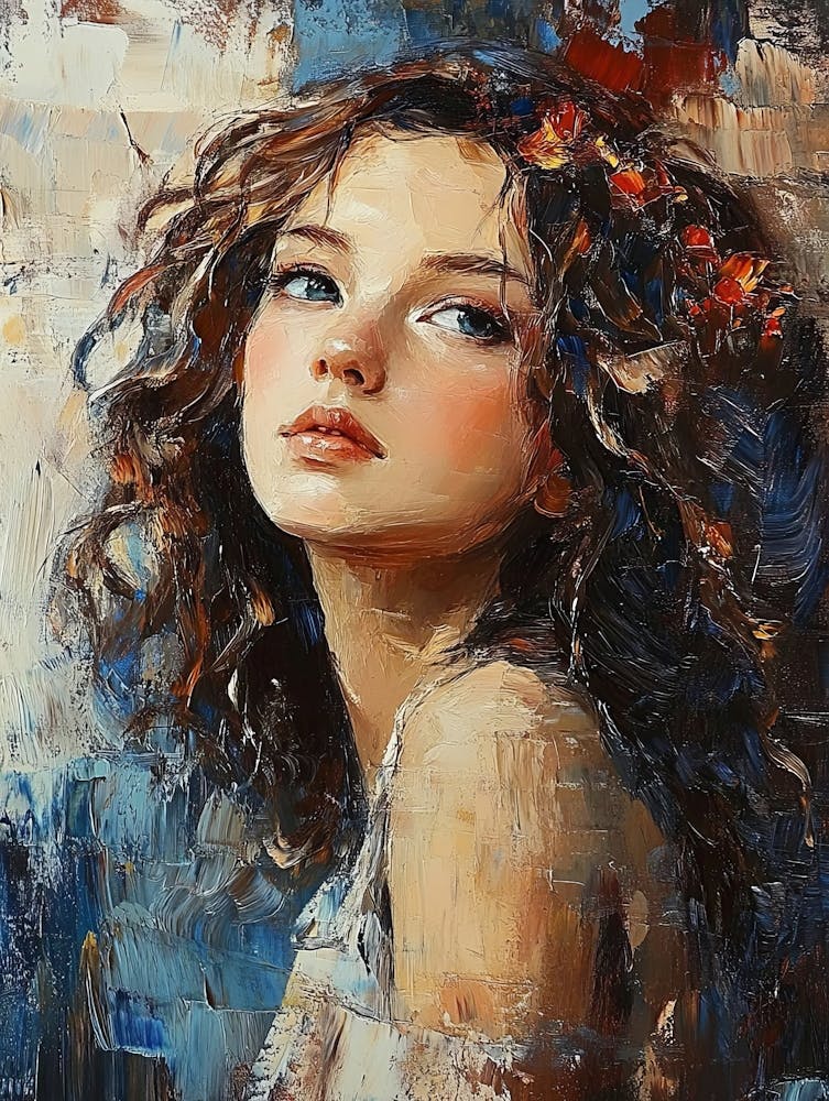 Young and Dreamy Girl With Curly Brown Hair On A Mysterious Abstract