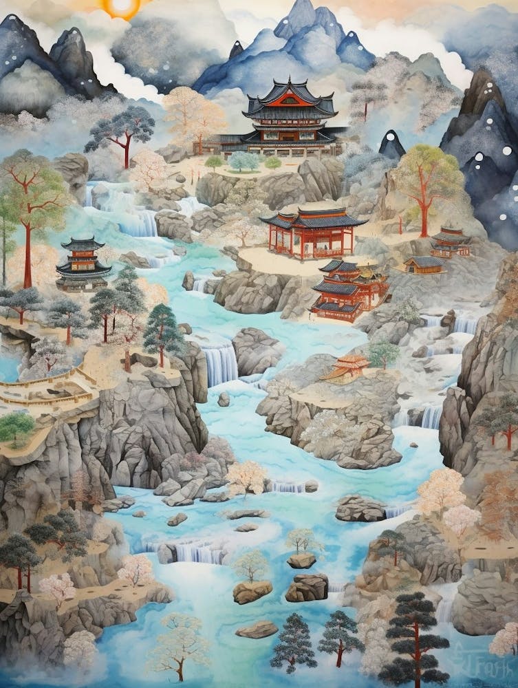 Mountains And Hot Springs Japanese Style Illustration 16