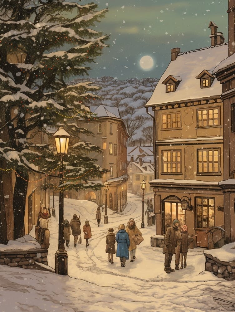 Vintage Winter Illustration Cesky Krumloy Czech Republic 3