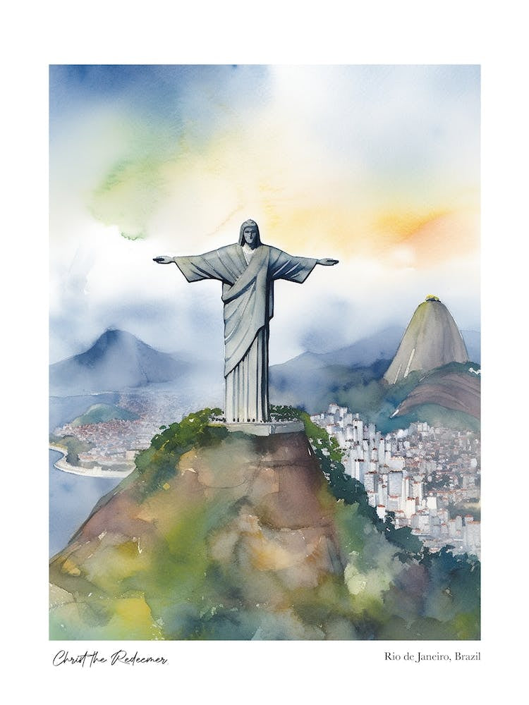 Christ The Redeemer, Rio De Janeiro, Brazil 4 Watercolour Travel Poster
