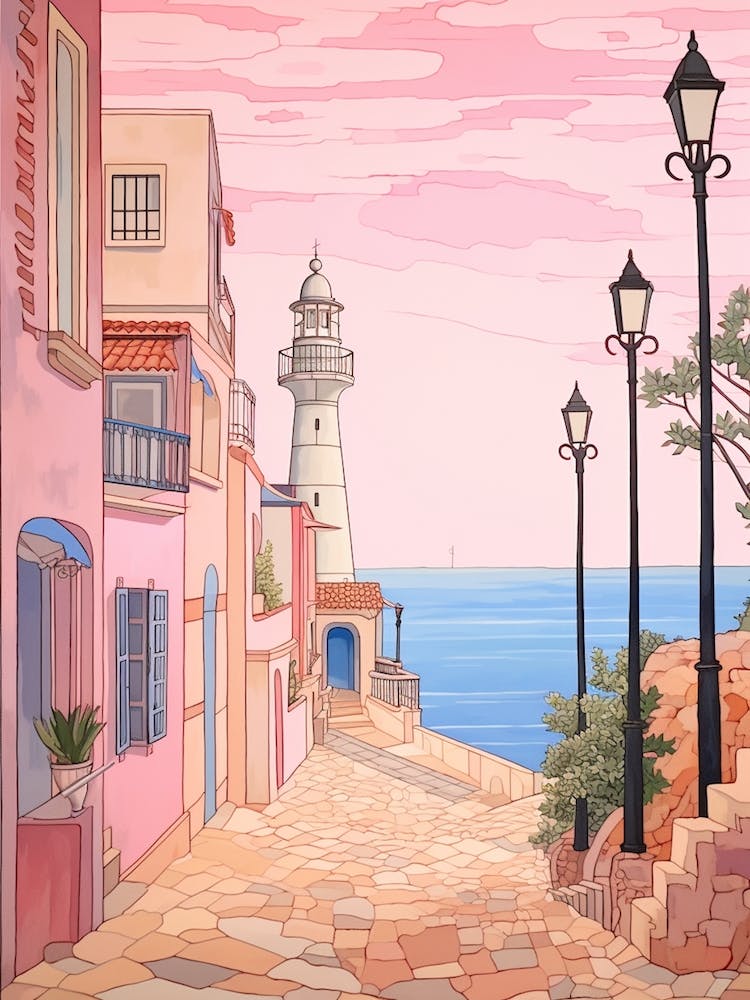Faro Portugal 4 Vintage Pink Travel Illustration