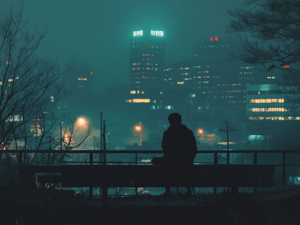 Man Sitting On Bench At Night