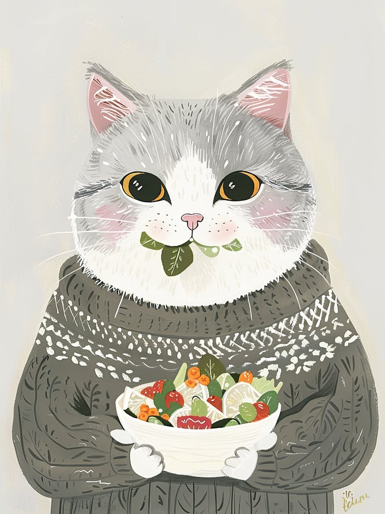 Cute Grey Cat Eating Salad Folk Illustration 2