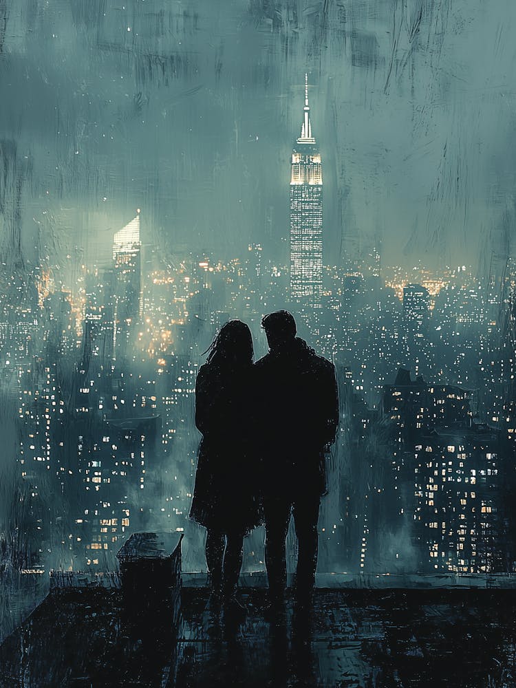 Night In New York City, Romantic Monochrome Charcoal style