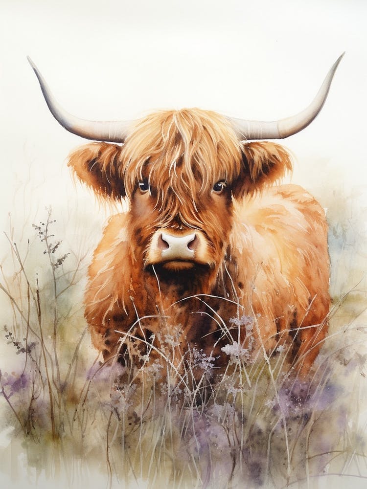 Grassy Highland Cow Watercolour 3
