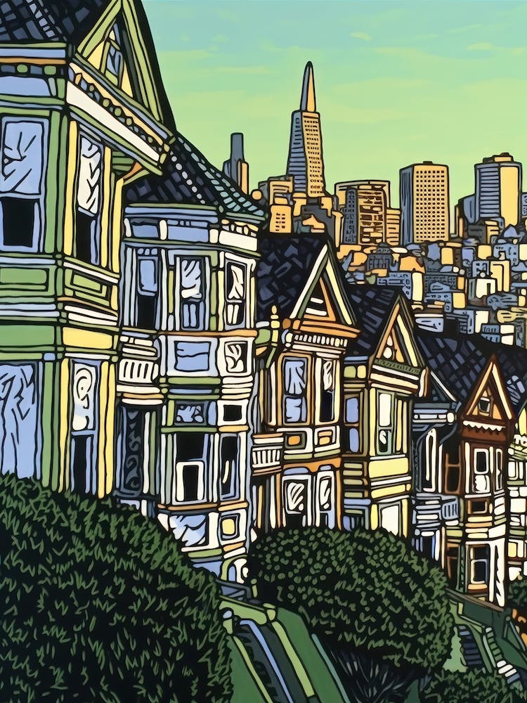 Painted Ladies San Francisco Style d'illustration Linogravure 2