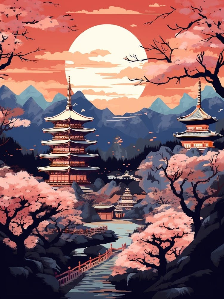 Winter Travel Night Illustration Kyoto Japan 1