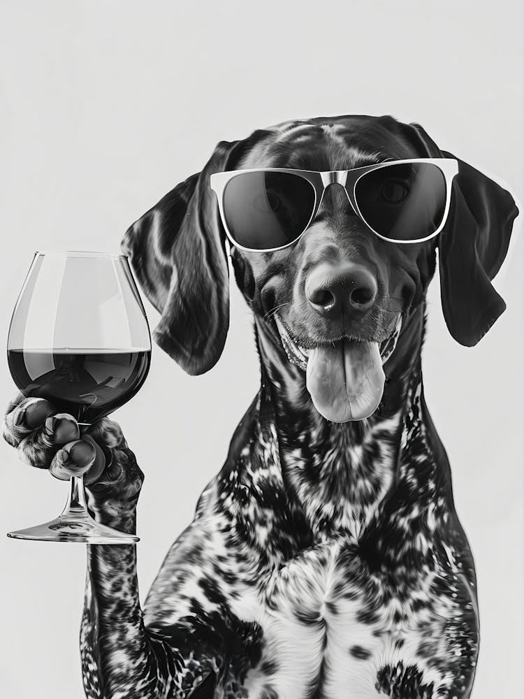 German Shorthaired Pointer Holding Wine Wall Art, Black And White Print, Gsp Gift, Alcohol Print, Funny Dog Poster, Kitchen Wall Decor