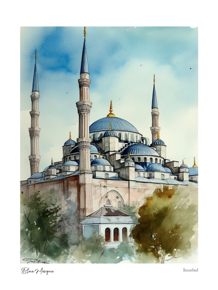 Blue Mosque, Istanbul 3 Watercolour Travel Poster
