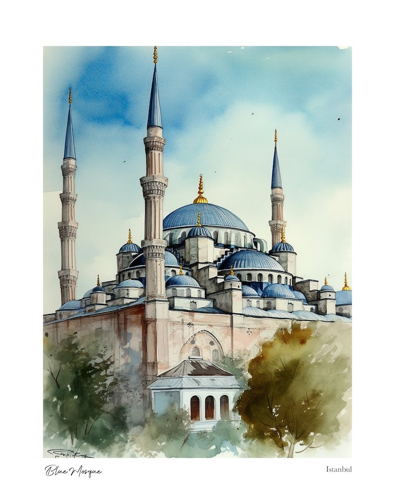 Blue Mosque, Istanbul 3 Watercolour Travel Poster