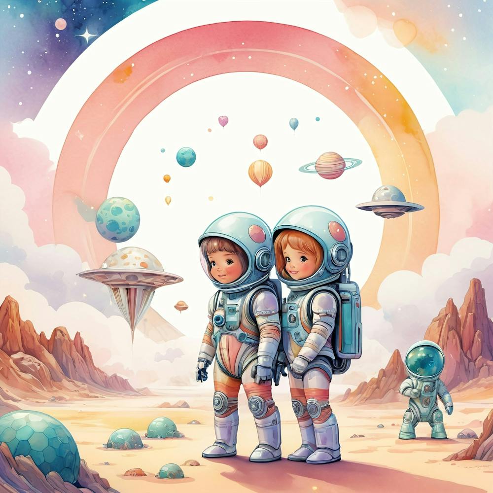 Two Astronauts In Space vintage retro sci-fi art