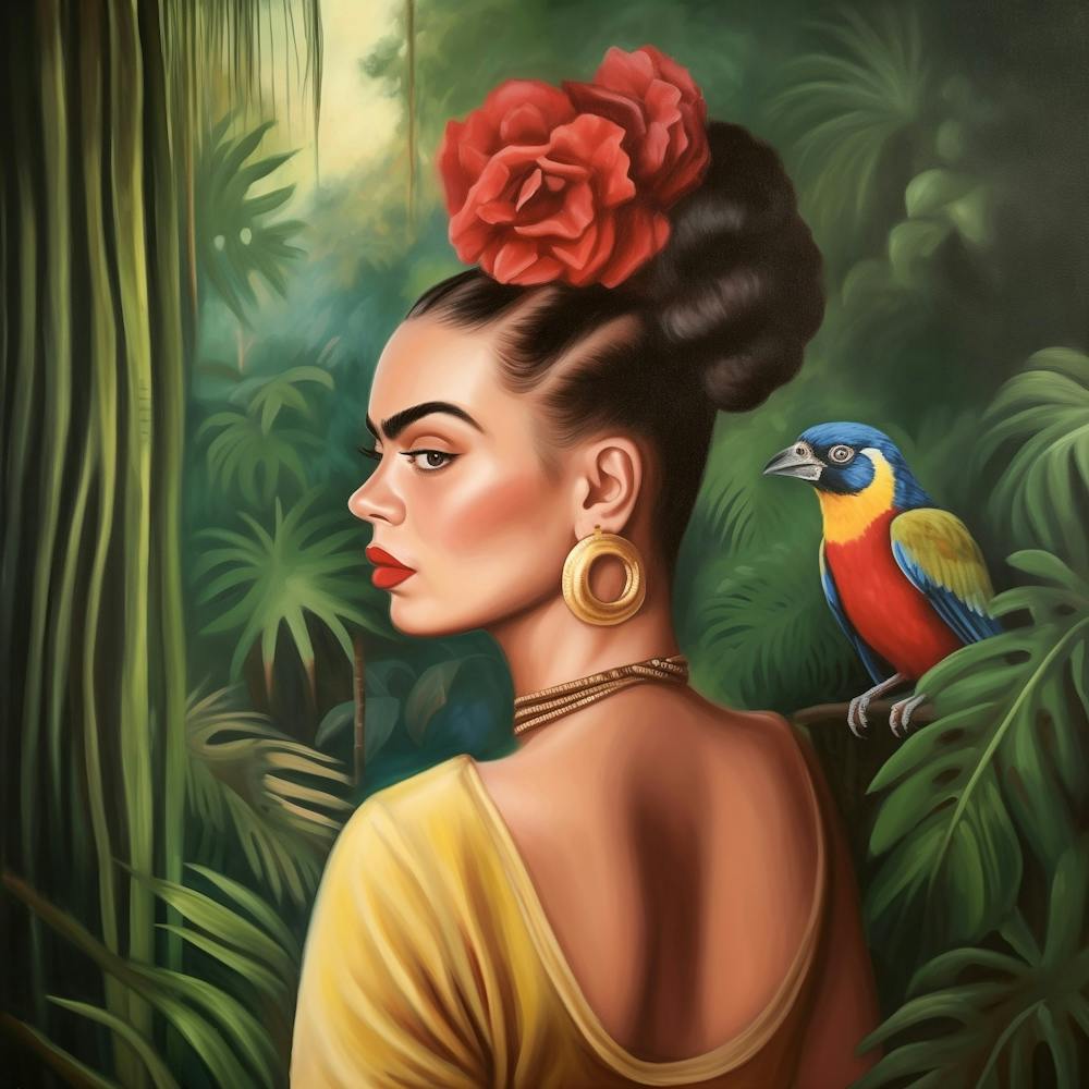 Frida Kahlo mit Papagei, Tropische Florale Illustration Malerei