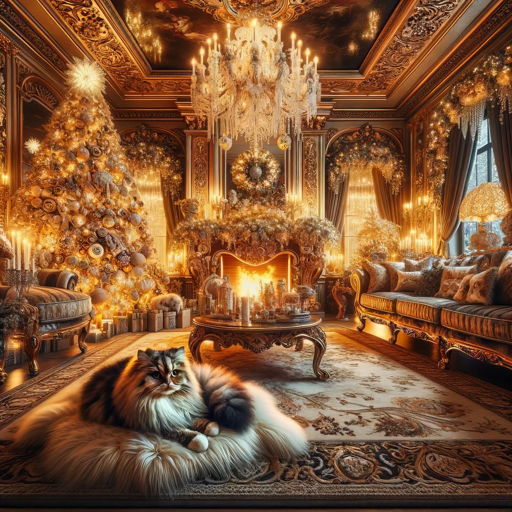 Cozy Christmas Family Scene, Purring Cat, Fireplace, Christmas Tree, Ornate Decoration, Living Room, Christmas Decoration, Gifts