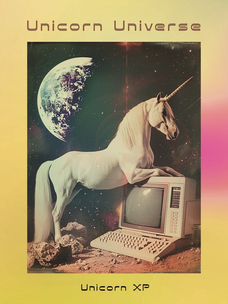 Retro Unicorn In Space With A Computer Retro Collage 1 Poster