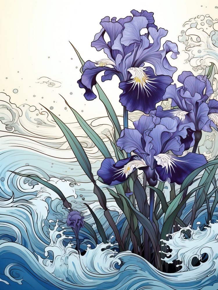 Great Wave With Iris Flower Drawing In The Style Of Ukiyo E 1