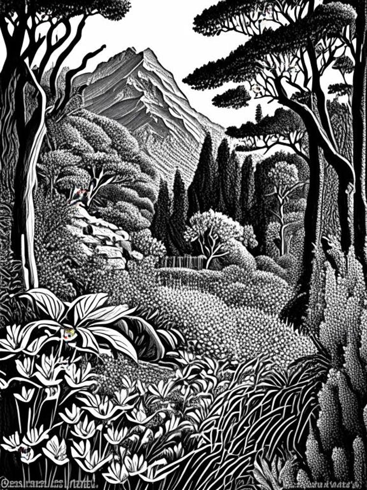 Giardino Botanico Alpino Di Pietra Corva, 1, Italy Linocut Black And White Vintage