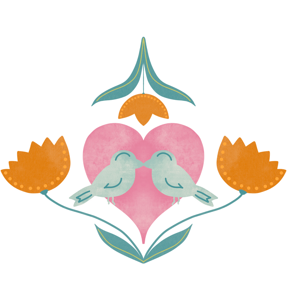 Love birds doves and tulip flowers pastel mint, orange and pink