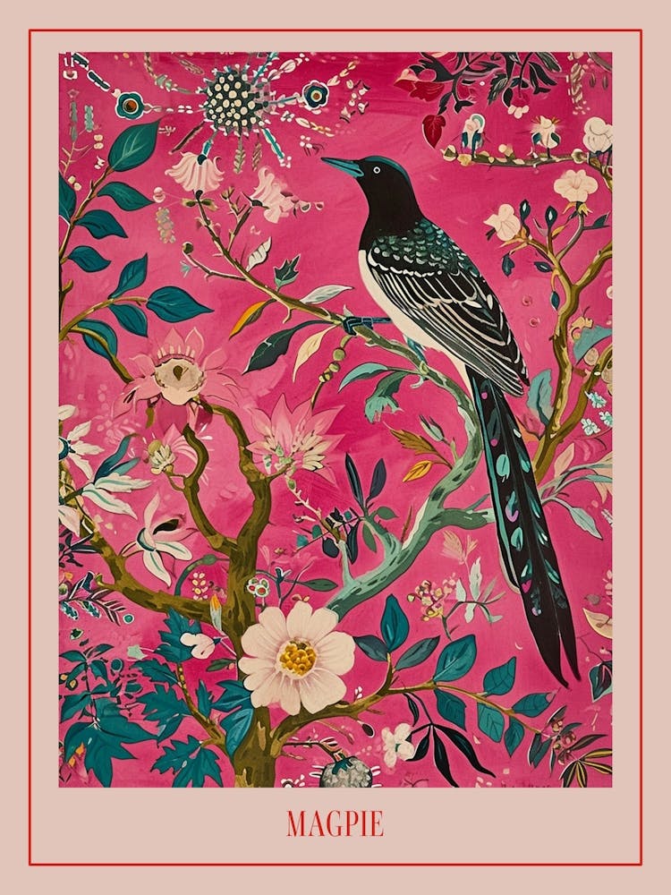 Floral Animal Painting Magpie 2 Poster