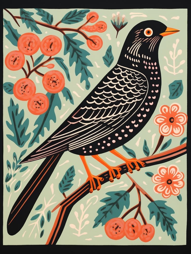 Vintage Bird Linocut Cuckoo 2