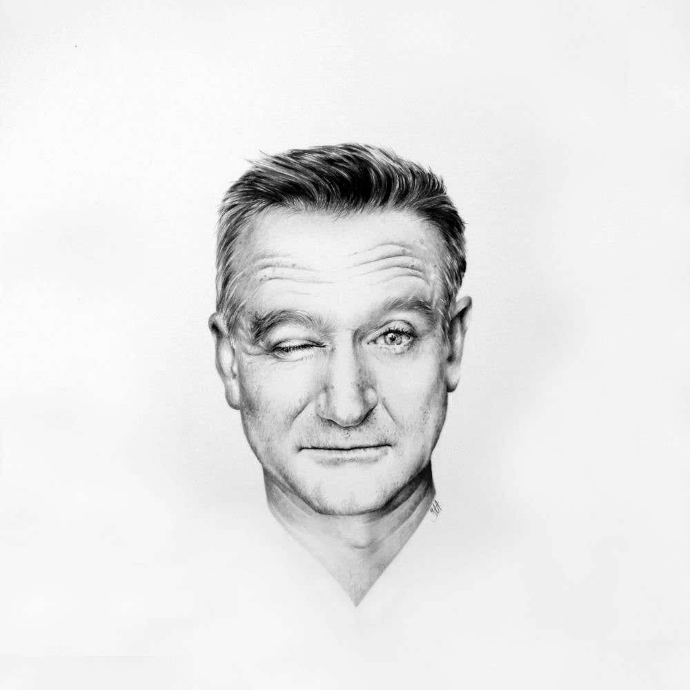 Robin Williams Winking Pencil Portrait Black and White Traditional Art