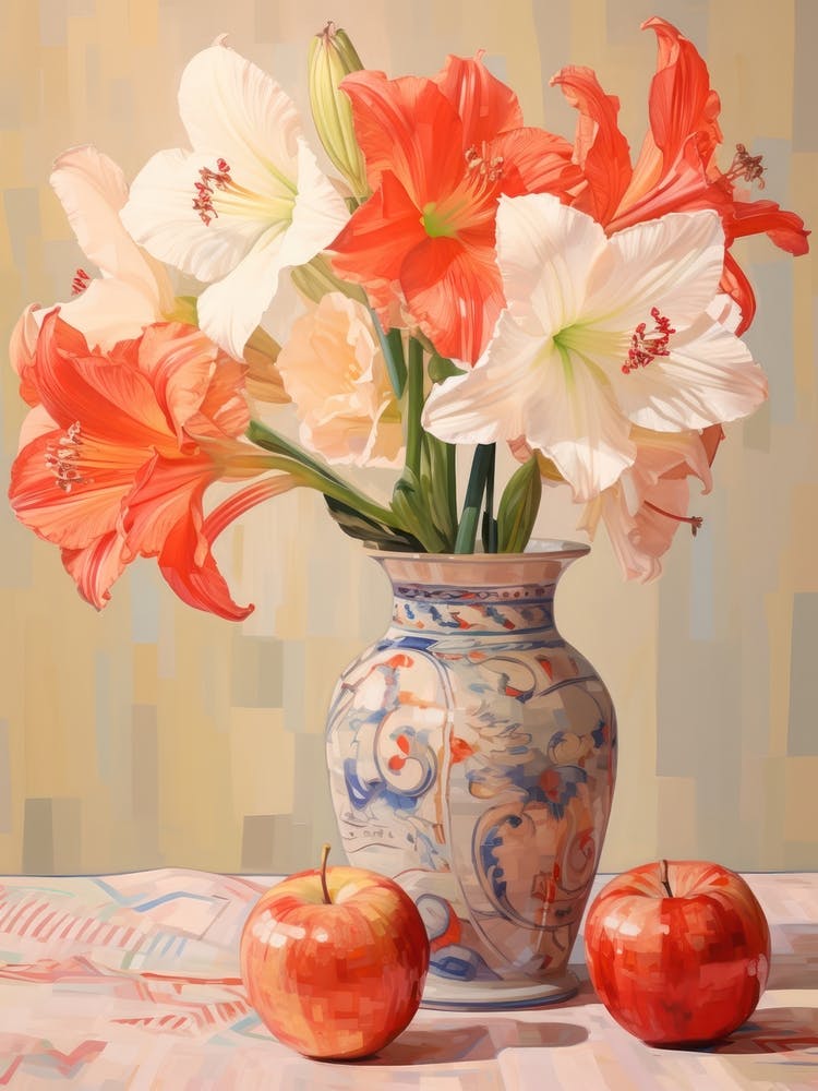 Amaryllis Flower And Peaches Still Life Painting 2 Dreamy