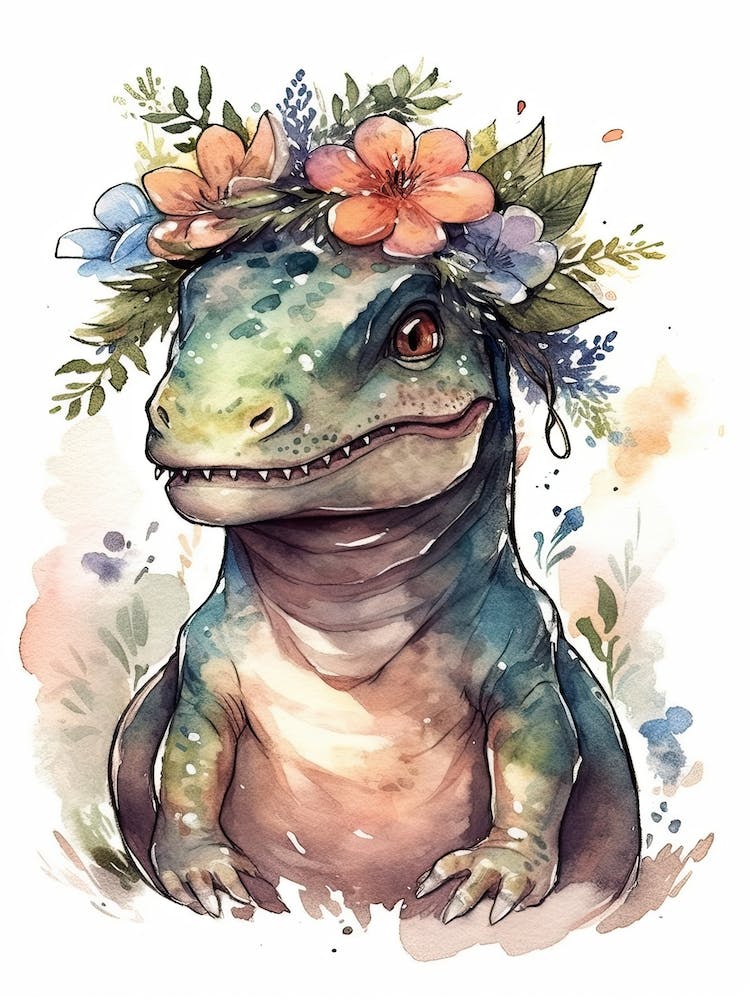 Allosaurus With A Crown Of Flowers Cute Dinosaur Watercolour 1
