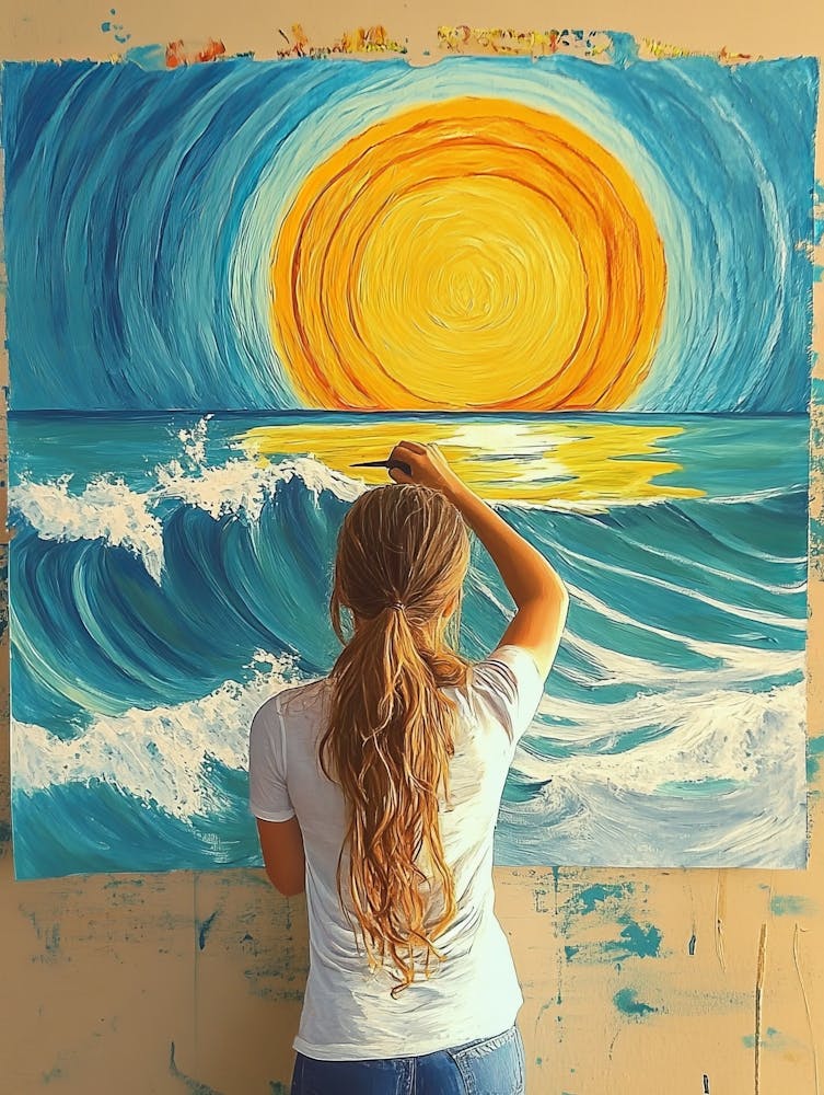 Young Girl Painting A Of A Sun Over The Ocean With Waves 1