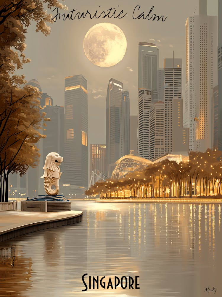 Singapore At Night, minimalist soft tones palette, watercolor poster