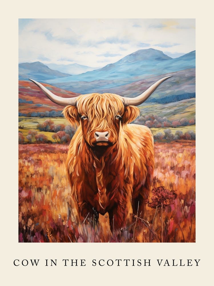 Peinture Style Impressionniste à Coups de Pinceau d'une Vache Highland dans la Vallée Écossaise Affiche 4