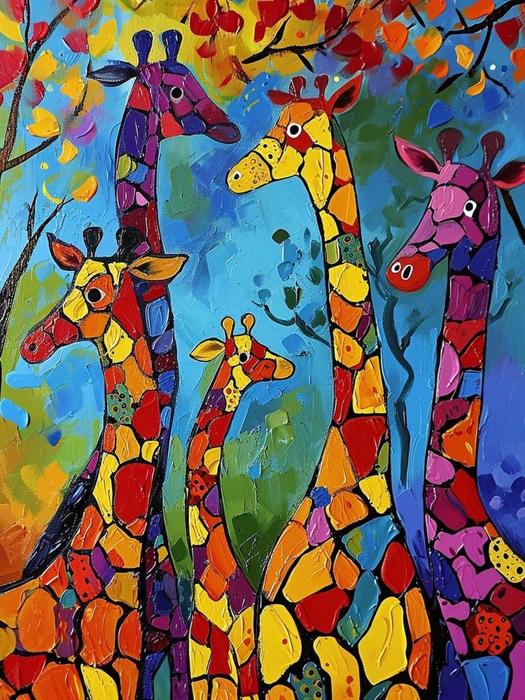 Textured Colourful Painting Of A Giraffe Family 1