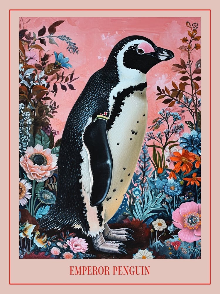 Floral Animal Painting Emperor Penguin 4 Poster