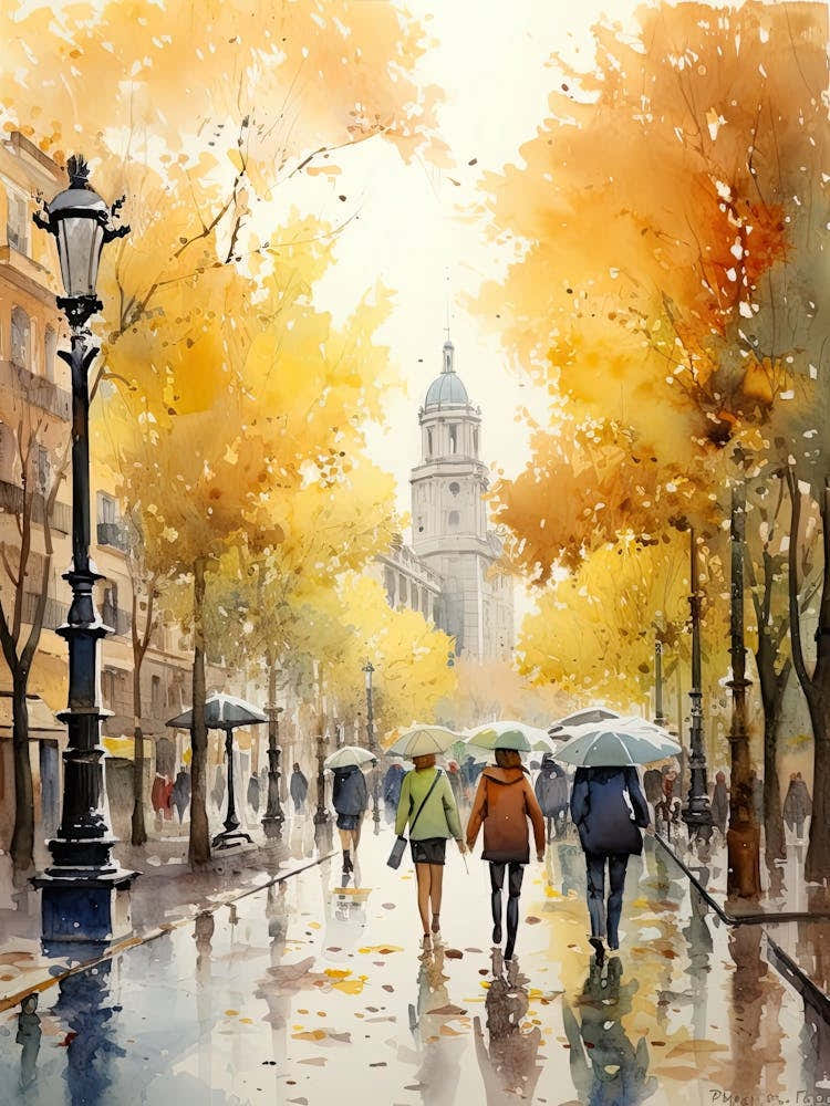 Madrid Spain In Autumn Fall, Watercolour 2