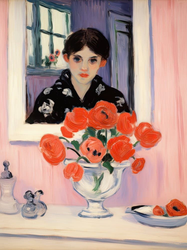 Woman In The Mirror Bathroom Vanity Painting With A Anemone Bouquet 2