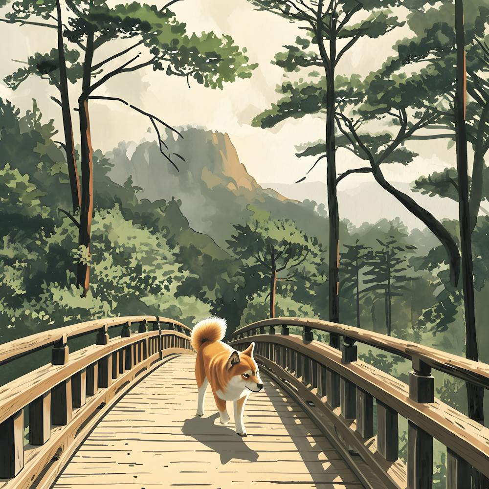 A Shiba Inu Is Walking Across A Wooden Bridge