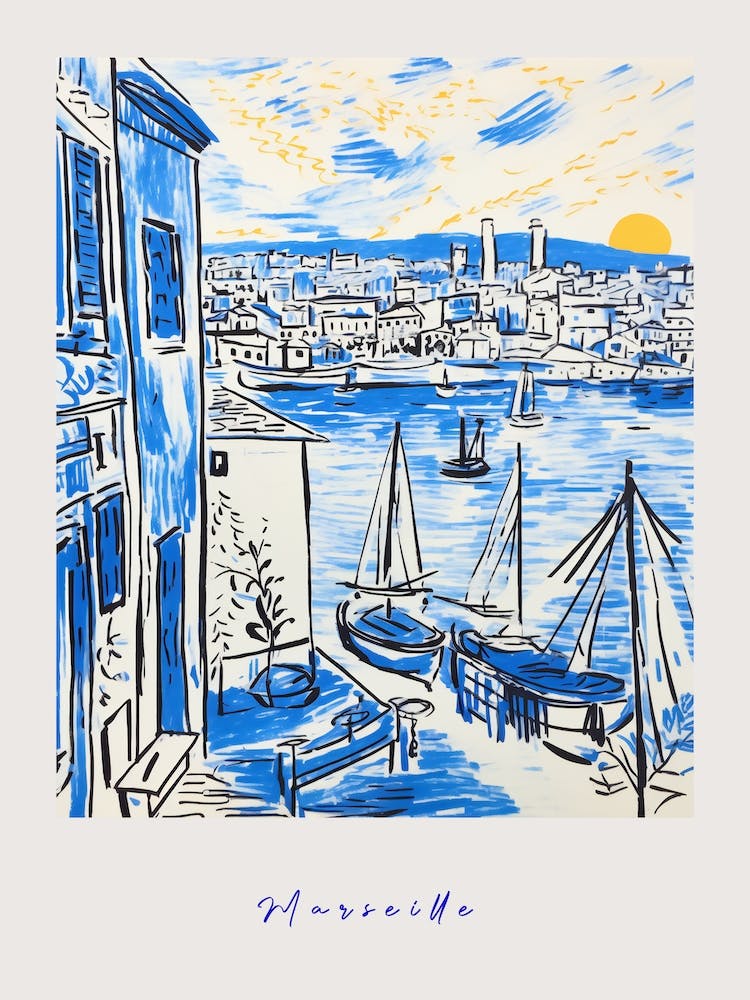 Marseille France 5 Mediterranean Blue Drawing Poster