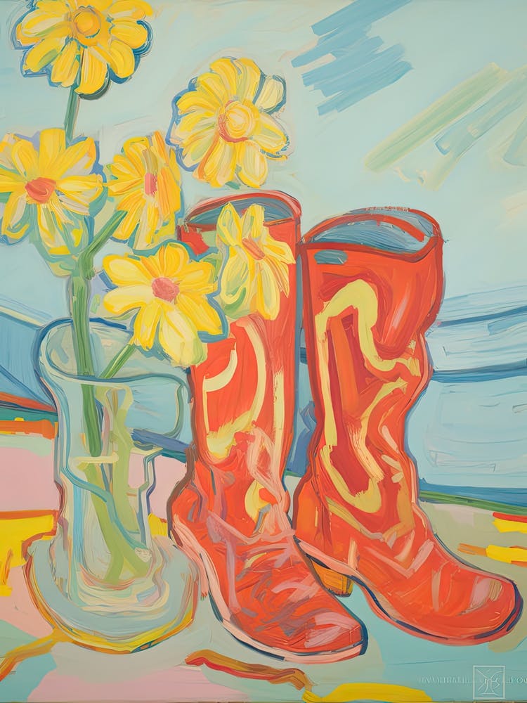 Painting Of Yellow Flowers And Cowboy Boots, Oil Style 2 2