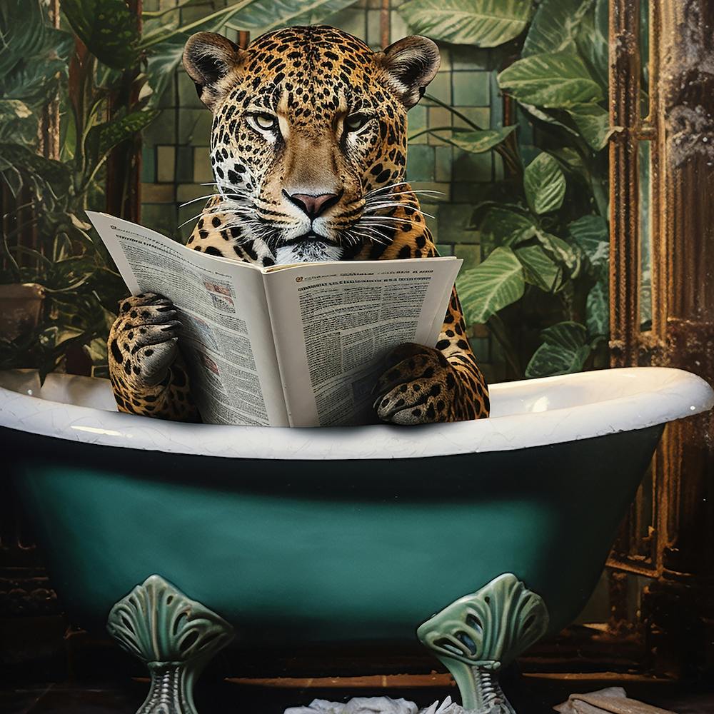 Jaguar In The Bath Reading A Newspaper