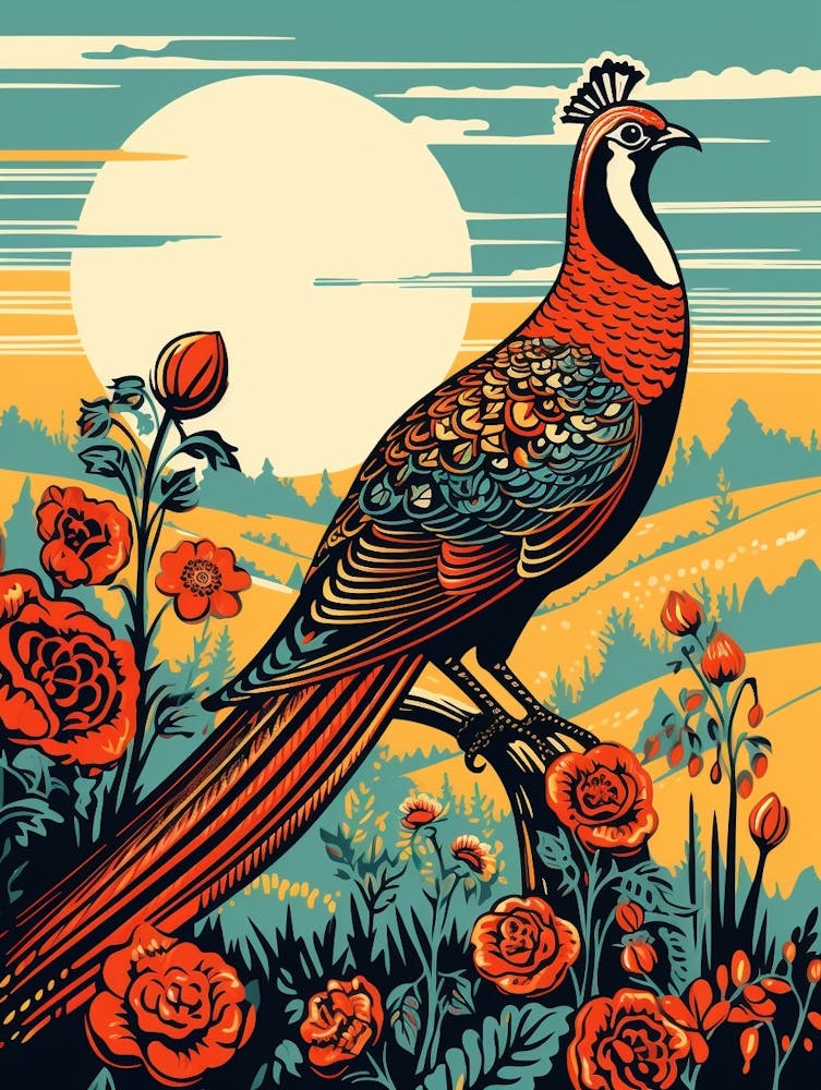 Vintage Bird Linocut Pheasant 2
