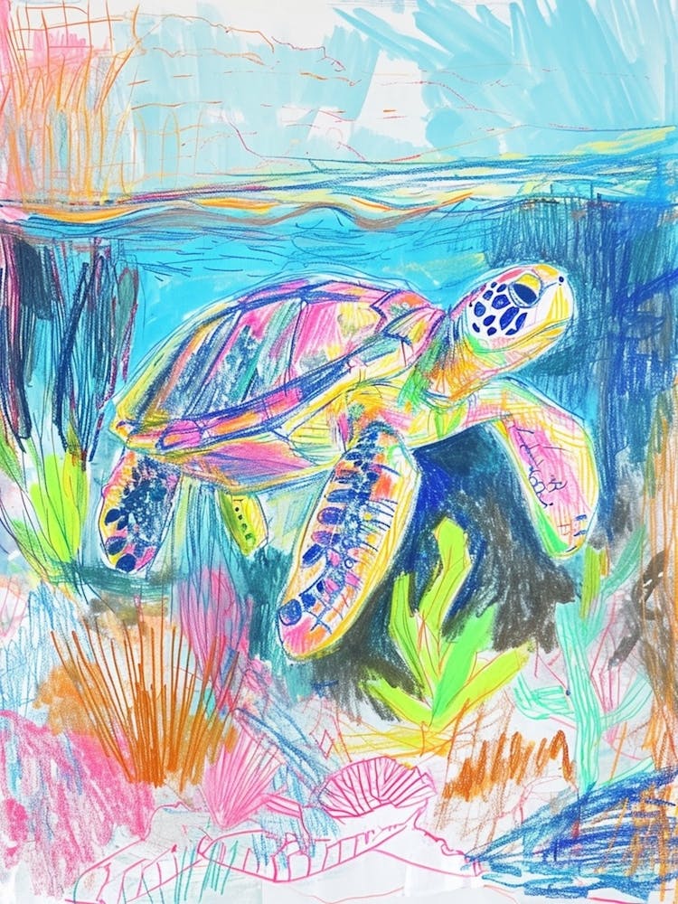Colourful Sea Turtle Exploring Deep Into The Ocean Crayon Doodle 3