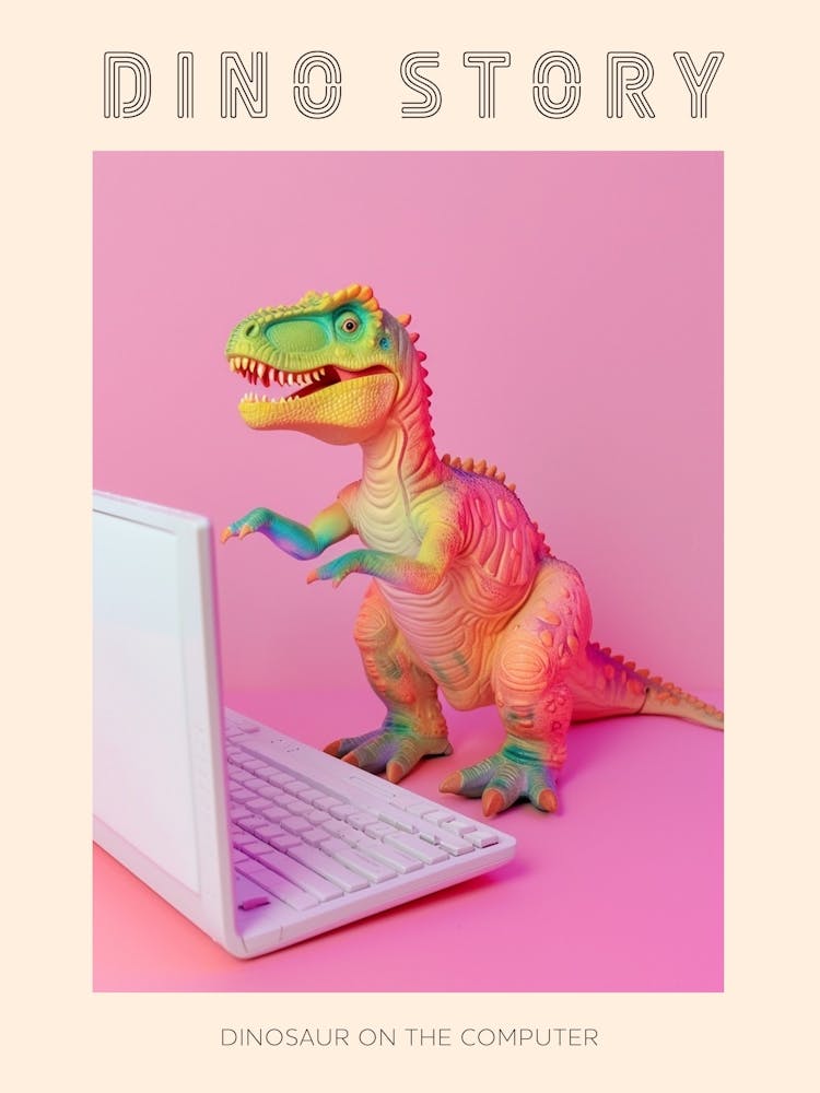 Pastel Toy Dinosaur On The Computer 1 Poster