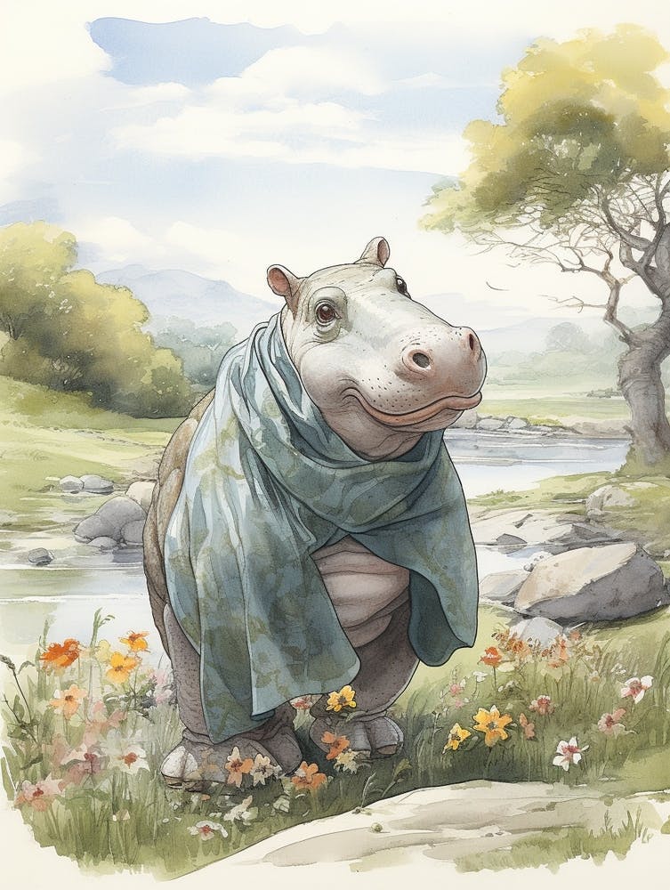 Storybook Animal Watercolour Hippopotamus 2