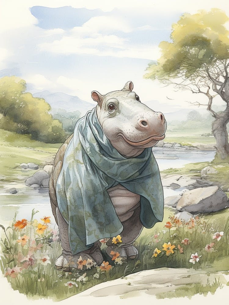 Storybook Animal Watercolour Hippopotamus 2