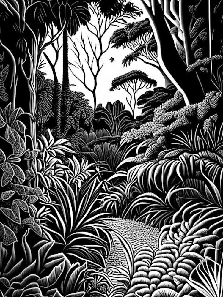 Royal Botanic Gardens, Victoria, 1, Australia Linocut Black And White Vintage
